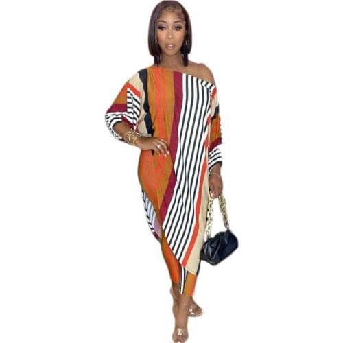 Casual Two Piece Set Women 3/4 Sleeve Skew Neck Loose Long T Shirt Tops Outfit Fashion New Striped Splice Office Lady Pant Suits