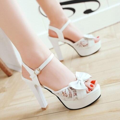 PXELENA 2018 Summer Elegant Lace Thin High Heels Sandals Female Peep Toe Bowtie Platform Dress Sandals Women Shoes Black White