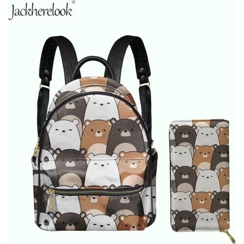 Cute Bear Cub Prints Stylish Girls Casual Satchel Coin Purse Set Kawaii Double Shoulders Pack for Lady Durable Female Daypack