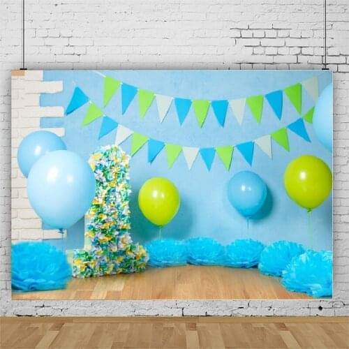 One Year Birthday Blue Green Balloon Flags Portrait Photography Backdrop Party Photo Background Vinyl Photocall Booth Props