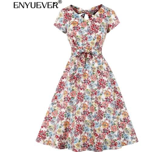 Enyuever Floral Print Vintage Dress Summer Women Clothing Cotton Open Back Bowknot Robe Pin Up Swing Vacation Party Casual Dress