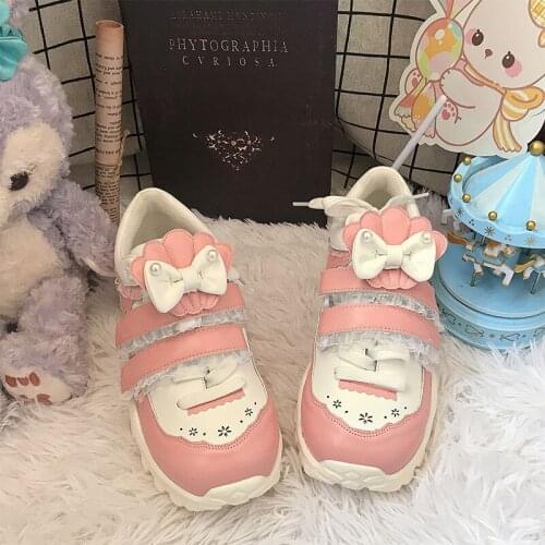 Pearl Bow Women Lolita Shoes Leisure Japanese Loli Running Sweet Sports Shoe Student Mid Heel Cute Lace Kawaii Female Sneakers