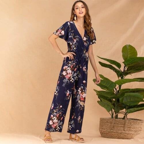 Women V Neck Short Sleeve Ruffle High Waist Floral Print Long Wide Leg Rompers Casual Elegant Streetwear Loose Long Jumpsuits