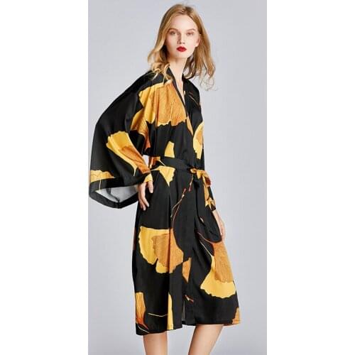 Maple Leaf Pajamas Ladies Spring/Summer Dressing gown Medium length Plus size Bathrobe Home dress