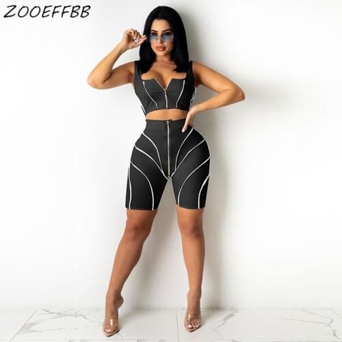 ZOOEFFBB Sexy Two Piece Set Trend Summer Outfits for Women Tracksuit Zip Crop Tops and Biker Shorts Vacation Club Matching Sets