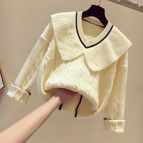 Doll collar sweater women 2021 new spring and autumn Korean version loose casual temperament all-match sweater long-sleeved top