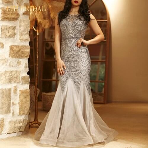 New Mermaid Long Mopping Dress Set Shiny Crystal Beaded Gray Prom Skirt Formal Party Elegant Noble Evening Dress