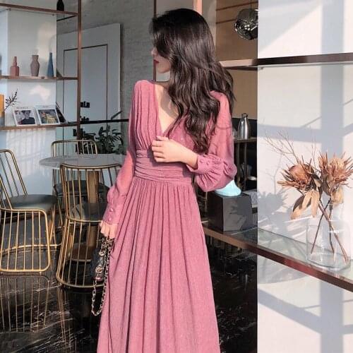Womans Boutique Fall Clothing Fashionable Vintage Dresses Party Lantern Sleeve Sexy Deep V Neck Pleated Maxi Bling Dress Bodycon