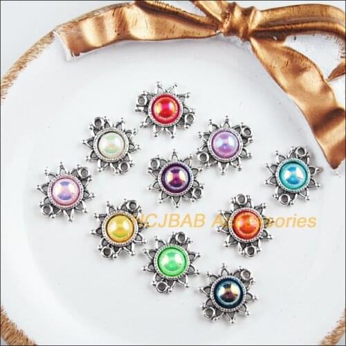 30 New Tiny Sun Charms Tibetan Silver Tone Retro Mixed Acrylic Connectors 14x14.5mm