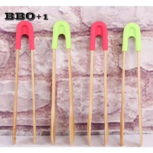Bamboo Kitchen Tongs Food Tongs Barbecue Cooking Baking Tool Salad Ice BBQ Tongs Accessories Silicone Handle Bamboo Bread Clip