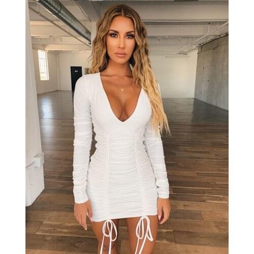 Bandage Dress Celebrity Long Sleeve V Neck White Red Lace Up Mini Bodycon Womens Dress Bandage Evening Party Dress