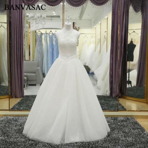 BANVASAC 2017 New Elegant Crystals Halter Wedding Dresses Sleeveless Satin Embroidery Off the Shoulder Lace Bridal Ball Gowns