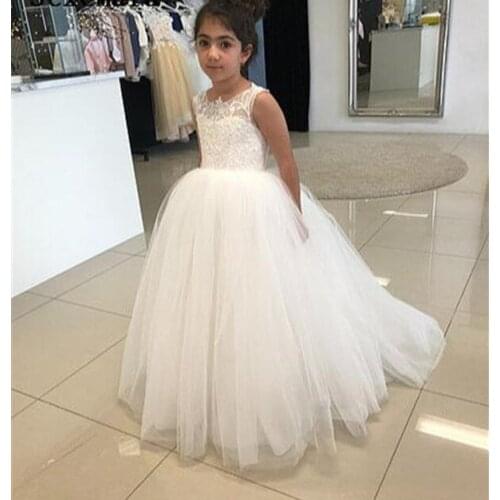 White/Ivory Ball Gown Girls First Communion Dress Open Back Sheer Lace Appliques Flower Girl Dresses with Long Train