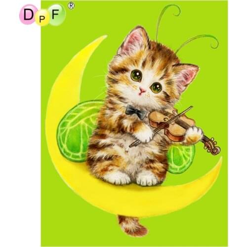 DPF 5D Round full Diamond painting Cross Stitch moon cat plays violin Diamond Embroidery Needlework diamond Mosaic decor crafts