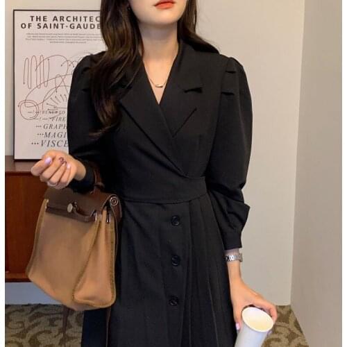 Korean One-Piece Elegant Temperament Office Ladies' Dresses 2021 Spring Fall New Notched Pleated Slim Waist Puff Sleeves Dresses