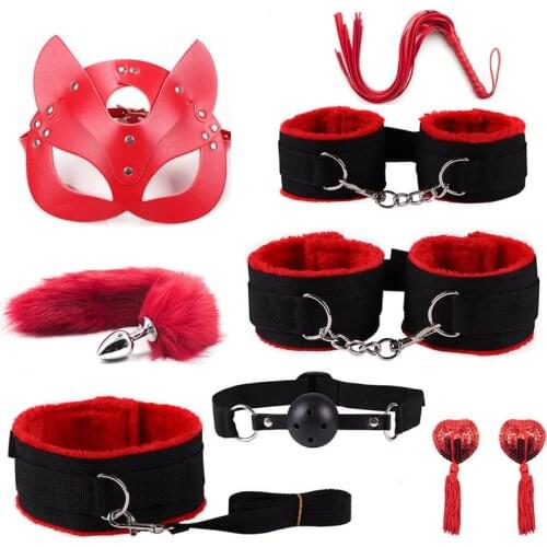 Erotic Mask Stimulate Bondage Restraints Nylon Plush BDSM Sexy Handcuffs Whip Metal Anal Plug Sex Toys For Couples Adults