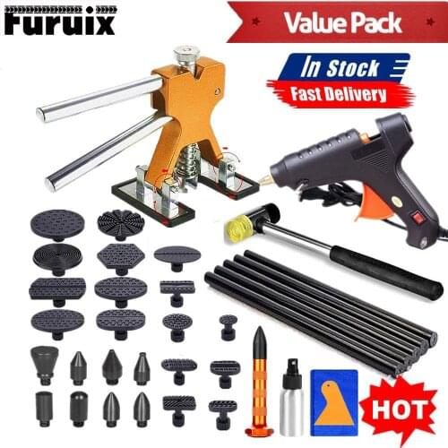 Car Body Repair Tools Dent Removal Kit with Golden Dent Lifter Glue Gun Glue Sticks Rubber Hammer for Hail Damage Dent Remover