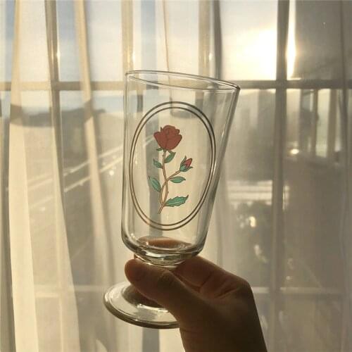 Korean Glass Vintage Goblet Coffee Cup Luxury Retro Rose Phnom Penh Flower Wine Cup Milk Juice Breakfast Cup Goblet