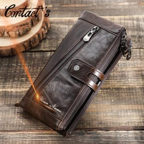 Contacts Free Engraving Genuine Leather Wallet Men Big Capacity Male Long Money Purse with Phone Pocket Card Holder New Portfel