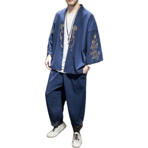 M-5XL Male Japanese Style Kimono Set Fashion Harajuku Summer Streewear Dragon Embroidery Casual Chinese Kung Fu Uniforms XXXXXL