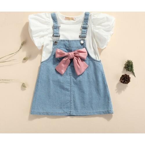 Sweet Fashion Girls Clothes Sets Kids Solid Color Round Collar Puff Short Sleeve Tops+Bow+Princess Suspender Skirt 3pcs Sets