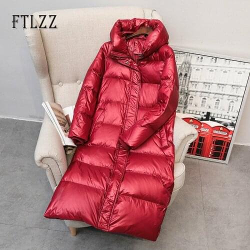 Fashion Long Down Jacket Women Slim Hooded Zipper New 2019 Winter Thick Warm Outerwear Female Bling White Down Coat Parkas Mujer