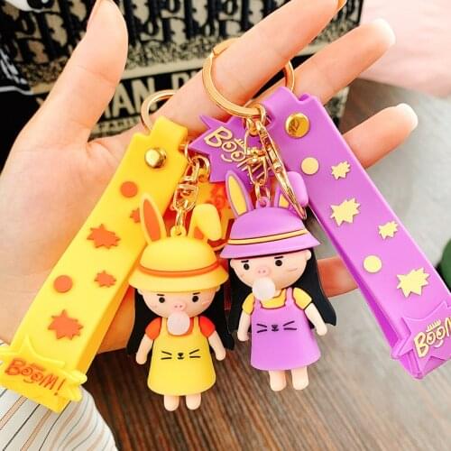 Cartoon Piggy Bunny Rabbit Ear Anime Sakura Keychain For Women Rubber Trinkle Key Ring Chains Car Bag Charm For Girls Gift D817