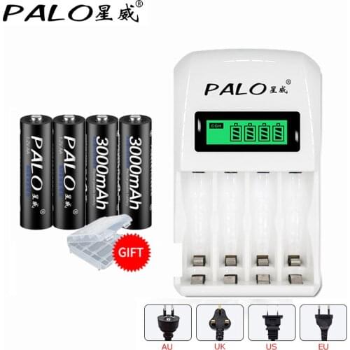 PALO LCD display smart charger for AA AAA rechargeable battery+ 4pcs 3000mAh 1.2V Ni-MH AA rechargeable Battery batteries