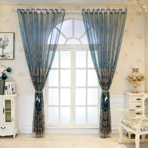 Blue Luxury Embroidery Tulle for Living Room Cheap Curtain Window Drapes for Bedroom Discount Yellow Thin Curtain Voile