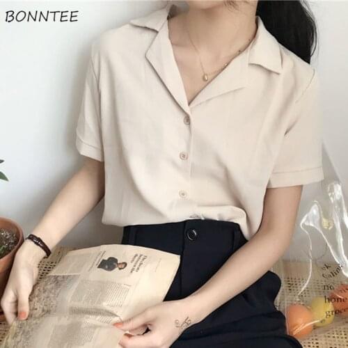 Shirts Women Solid Short Sleeve Summer College Elegant Minimalist Button All-match Loose Female Soft Korean Style Popular Ins