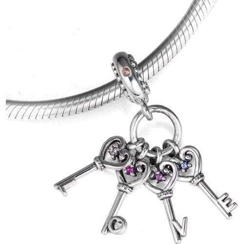 CKK 925 Sterling Silver Keys Of Love Dangle Charm, Red CZ & Multi-Colored Crystals Beads Original Jewelry Fits For Bracelets