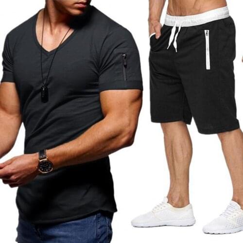 Tracksuit Solid Color V Neck Men Short Sleeve T-shirt Drawstring Shorts for Sports