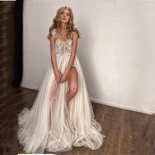 Wedding Dress 2021 Sexy Spaghetti Straps Lace Applique Wedding Gowns High Side Slit Bride Dresses Vestido De Noiva Bridal Gown