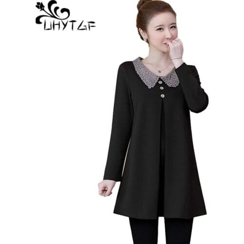 UHYTGF Black Spring T-Shirt Women Long-Sleeved Mid-Length Elegant Top Female Pullover Loose 5XL Plus Size Bottoming Clothes 1529