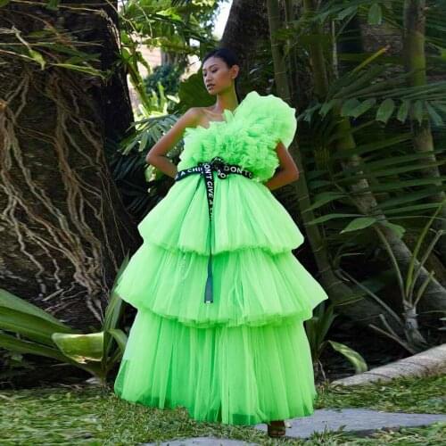 Green Elegant Simple Women Dress A-Line Tulle Ruffle Layered Anke Length Evening Dress Plus Size Photography Custom Made