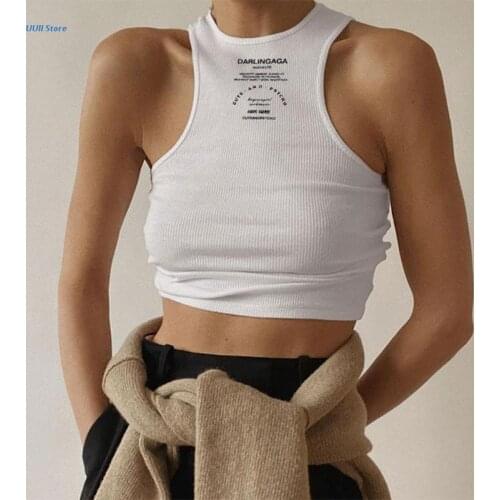 Women Summer Sleeveless O-Neck Crop Tank Top Harajuku Letters Print Ribbed Knit Slim Mini Vest Sexy Racerback Off Shoulder Solid