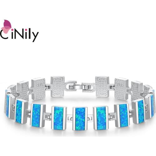 CiNily Created Blue White Fire Opal Silver Plated Wholesale for Women Jewelry Wedding Engagement Chain Bracelet 7 1/2" OS570-71