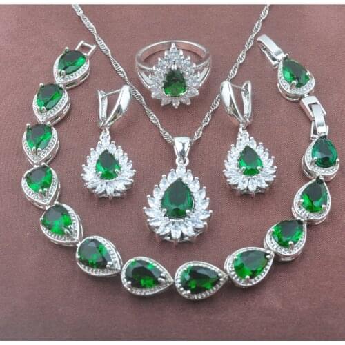 2020 New Womens Crystal Jewelry Sets Silver Color Pear Bracelet Necklace Pendant Earrings Ring Set YZ0392