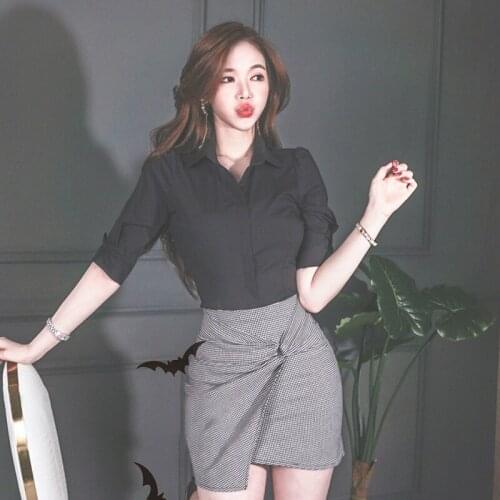 2020 New Spring Summer OL Office Work 2 Piece Set Women Half Sleeve Black Shirt and Print Plaid Mini Skirt Ladies 2 Piece Set