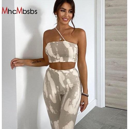 Womens Tracksuit Printed One Shoulder Tank Top High Waist Wrap Hip Slim Pants 2-piece Set Sportswear 2021 Summer Jogger Clothes