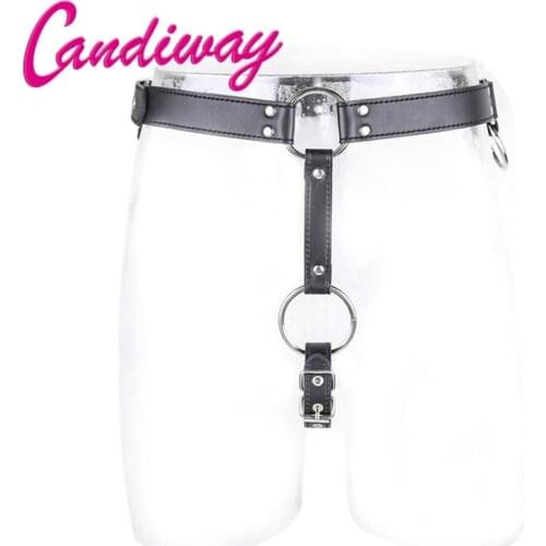 Candiway Sexy Black Adjustable PU Leather Belt O Shape Stainless Steel Ring Male Chastity Bondage Restraints Sex Toy For Men