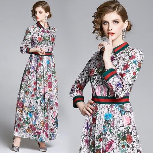 Elegant Evening Party Shirt Dresses Long Luxury 2020 Vintage Floral Prined Striped England Style Elegant Fashion A-Line Dresses
