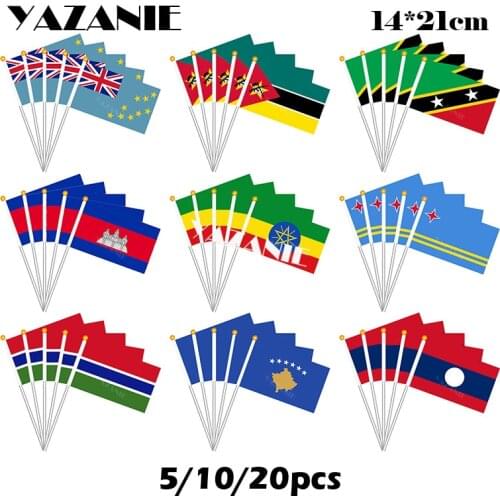 YAZANIE 14*21cm 5pcs Tuvalu Mozambique Saint Kitts and Nevis Cambodia Ethiopia Aruba Gambia Kosovo Laos Small Printed Hand Flag