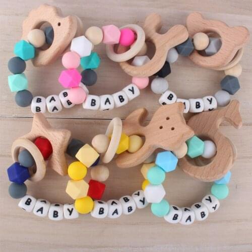 Grasping Activity Shaker Bracelet Teether Ring Chew Bracelet With Natural Organic Beech Wood Teething Rings