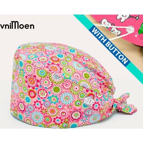 Pink circle printing Pet grooming work hats lab dustproof hats Elastic scrubs caps beauty store scrubs caps with sweat-absorbent