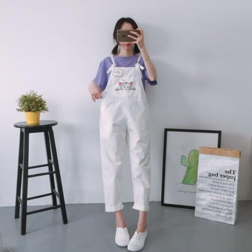 Jumpsuits Women Harajuku Kawaii School Student Korean Style Cat Printing Pockets Trendy Womens Female Jumpsuit Summer Breathable