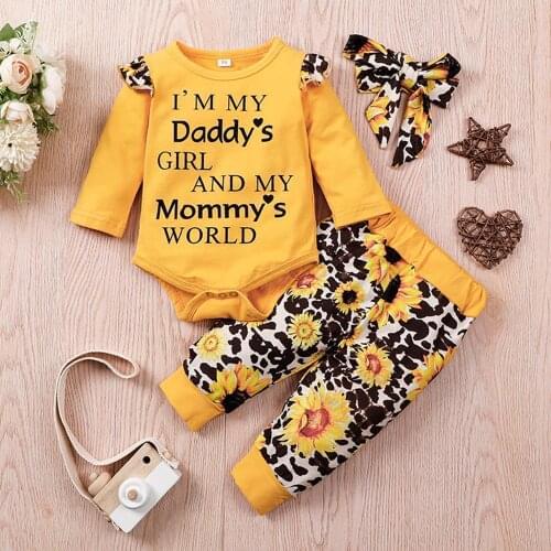 3Pcs Newborn Baby Girl Clothes Set Fashion Autumn Long Sleeve Color Romper Tops Pants Headband Infant Outfits 35