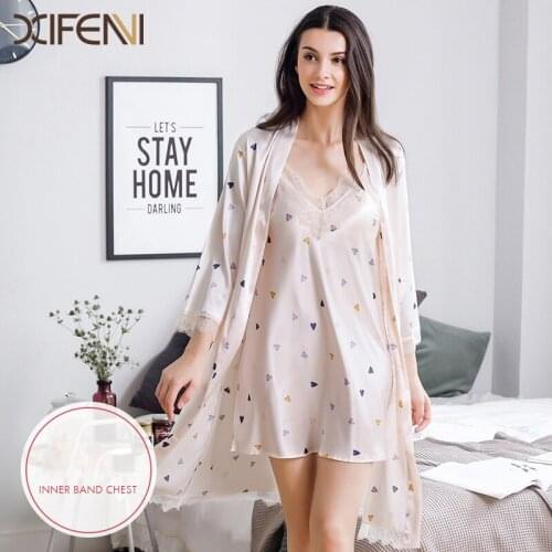 Ice Silk Robe Sets With Bust Pad Female Sexy Lace Nightdress Summer Two-Piece Sleeping Robes Thin Sleepwear Women 1926