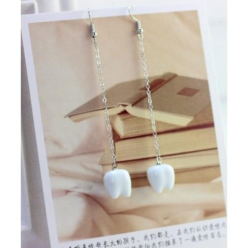 Cute Ceramic Tooth Long Earrings Link Chain Fashion Tooth Pendientes White Color Handmade Piercing Jewelry