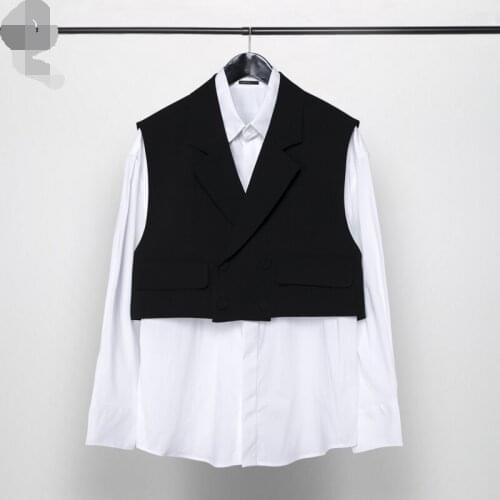 Spring mens new Hong Kong style black and white three-dimensional suit false two pieces of splicing design long-sleeve shirt